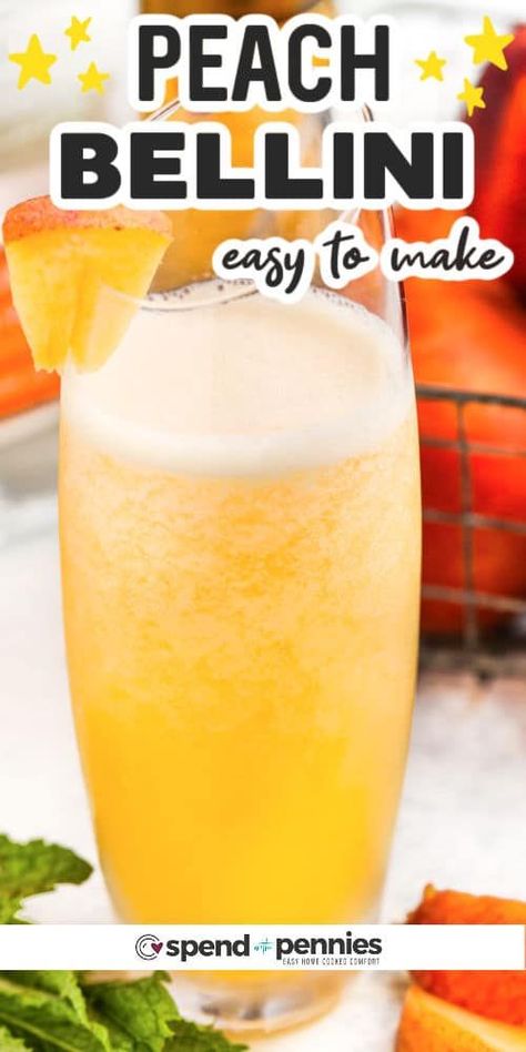 Peach Bellinis are fresh and sweet, and it's no wonder they are the hit of summertime parties and backyard barbecues! These easy-to-make cocktails have just 3 ingredients and they are so simple to mix up in the blender for a frozen treat. Use some iced wine or Prosecco and make a new poolside tradition with this tasty cocktail recipe. #peachbellinis #peachbellinirecipe #frozenpeachbellinis #spendwithpennies Peach Bellini Recipe Easy, Bellini Recipe Easy, Belini Recipe, Bellini Drink, Peach Bellini Recipe, Peach Bellini Cocktail, Frozen Peach Bellini, Summer Punch, Easy To Make Cocktails