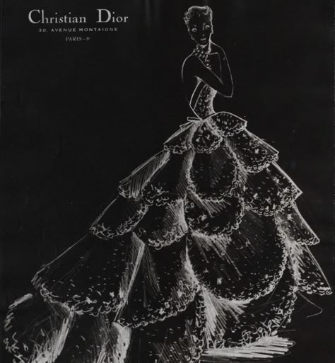 Junon Dior, Sketch On Black Paper, Dior Sketches, Couture Sketches, Vintage Dress Sewing Patterns, Couture Dior, Dresses Haute Couture, Ancient Drawings, Dior Aesthetic