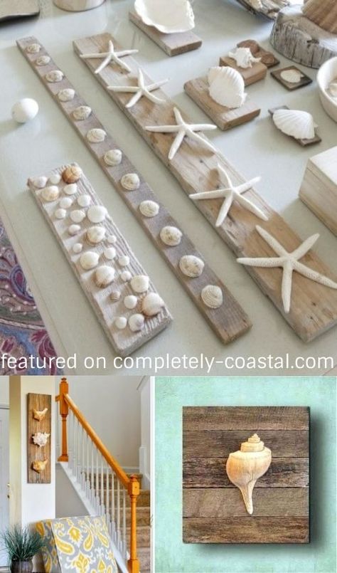 Seashell Wood Wall Art Decor Ideas featured on Completely Coastal. Showcase your seashells on wood planks, an easy and inexpensive coastal wall decor idea using your beach finds! #coastaldecor #walldecor Flat Washer Crafts, Sand Dollar Wall Art, Wall Art Decor Ideas, Strand Decor, Art Decor Ideas, Deco Marine, Seashell Wall Art, Seashell Projects, Beach Finds