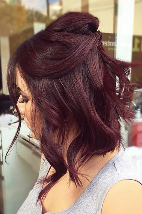 Short Hairstyle Women Burgundy, Hairstyle For Women In 40s, Dr Pepper Hair Color, Burgundy Bob Hair, Short Burgundy Hair Bob, Short Dark Red Hair Burgundy, Burgundy Hair Short, Cherry Wine Hair Color, Short Burgundy Hair