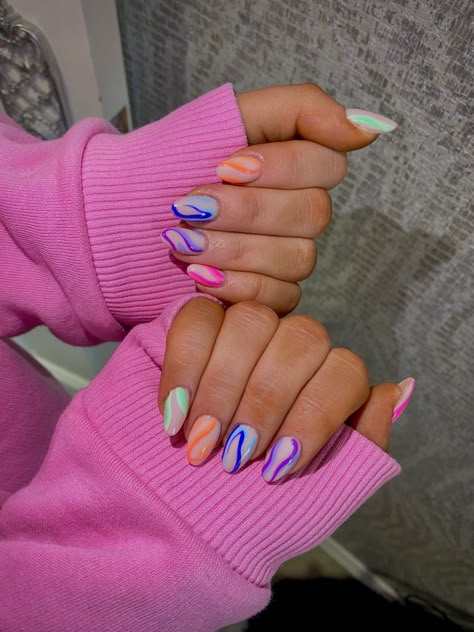 Colourful nails, festival nails, nail art, colourful nail art, almond nails, round nails, cute nail inspo, summer nails, autumn nails, line work design nails, none basic nail art design, cute nails, cute nail inspo, Festival Nails Simple, Colourful Holiday Nails, Holiday Nails Summer Almond Shape, Vibrant Nails Almond, Pretty Almond Nails Colour, Festival Nails Almond, Nails Festival Summer, Summer Acrylic Nails Oval, Cute Summer Nail Inspo Almond