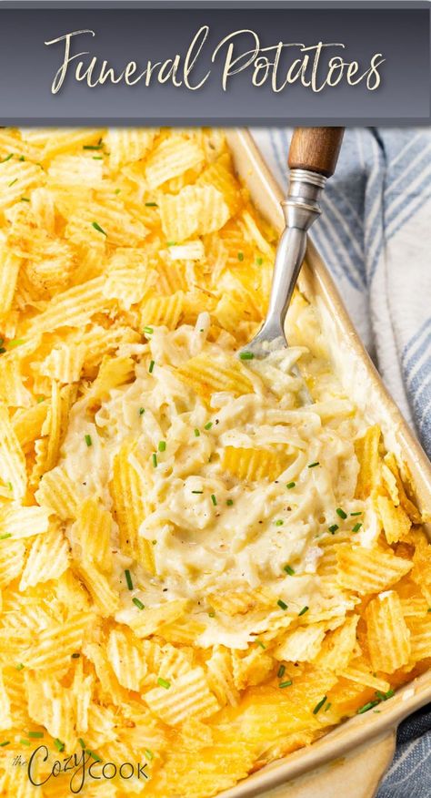 potatoes in a casserole dish topped with potato chips Frozen Hash Browns, Friendsgiving Food, Beef Ground, Creamed Potatoes, Potato Sides, Potato Side Dishes, Hash Browns, Cheesy Potatoes, Potato Dishes