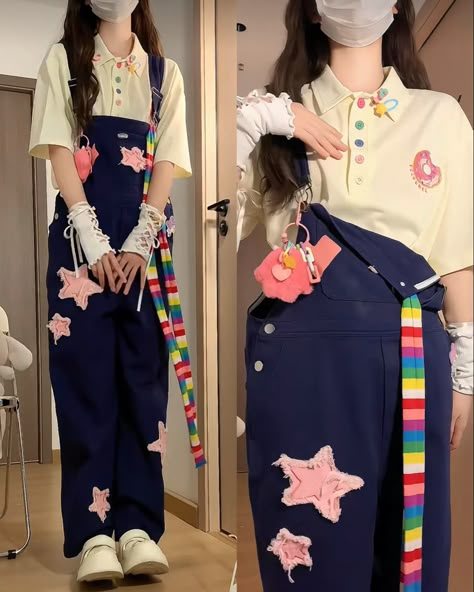 Cute Outfits Japan, Painter Outfits, Baggy Clothes Pastel, Decora Fashion Outfits Male, Sanrio Fashion Aesthetic, Juminocore Outfit, Yellow Harajuku Outfit, Pink Harajuku Aesthetic Cute Outfits, Harajuku Clothes