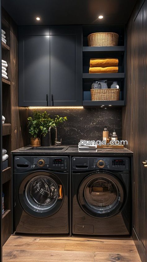 Washer And Dryer Laundry Room Ideas, Laundry Room With Upper Cabinets, Black Washer And Dryer Laundry Room Ideas, Loft Laundry Room, All Black Laundry Room, Laundry Set Up, Laundry Room Ideas Black And White, Low Ceiling Laundry Room, Laundry Room Design With Storage