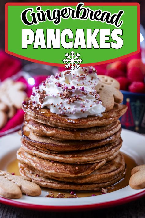 A stack of gingerbread pancakes with a text overlay title. Gingerbread Pancake Mix, Gingerbread Protein, Gingerbread Cookie Mix, Toddler Finger Foods, Gingerbread Pancakes, Easy Gingerbread, Healthy Christmas Recipes, Healthy Pancake Recipes, Baby Led Weaning Recipes