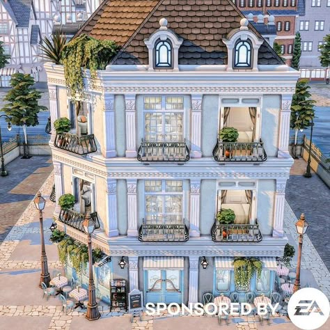 | ✨ #eapartner Parisian townhouse inspired build 🤍 I used the new kits Cozy Bistro and Riviera retreat. This build has no CC this time and … | Instagram Parisian House Sims 4, Sims 4 House Newcrest, Parisian Sims 4, Sims 4 London Townhouse, Sims 4 Parisian Apartment, Foxbury Commons, Newcrest Sims 4, Townhouse Sims 4, Sims 4 Houses No Cc