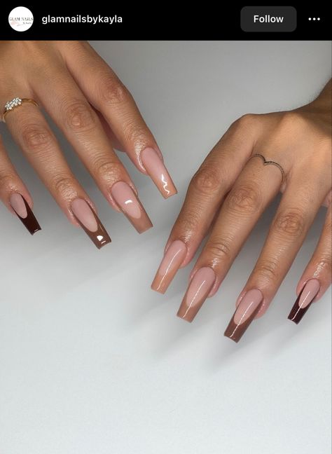 Different Color Brown Nails French Tip, Brown And Cream French Tip Nails, Acrylic Nails Coffin Short Brown, Brown Shade French Tip Nails, Brown French Nails Design, Mocha Tip Nails, Nail Fall Inspiration, Brown Acrylics With Design, Nails Acrylic Dark Skin Tone