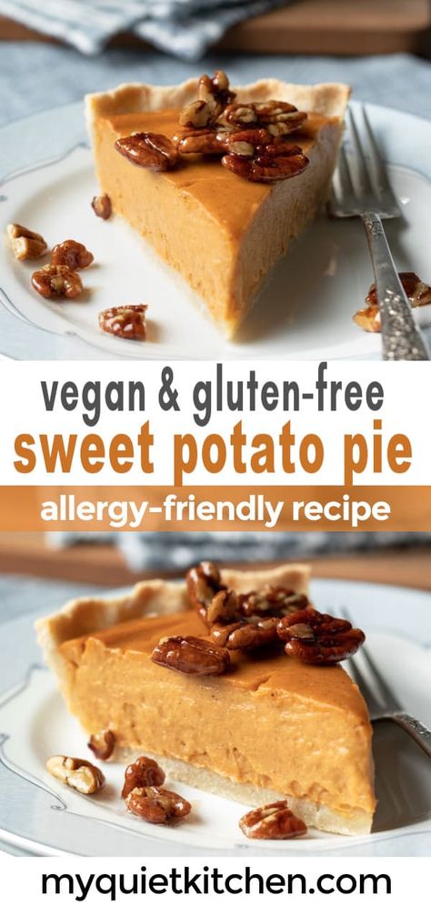 This silky Vegan Sweet Potato Pie is healthier than most, and yet so delicious no one will mind! With an exceptionally creamy filling and the best almond flour crust. This pie is also gluten-free, oil-free, and soy-free and great for making a day or two in advance. Raw Vegan Sweet Potato Pie, Gluten Free Dairy Free Sweet Potato Pie, Sweet Potato Pie Dairy Free, Gluten Free Dairy Free Sweet Potato, Sweet Potato Pie Vegan, Sweet Potato Pie Healthy, Vegan Sweet Potato Pie Recipes, Vegan Sweet Potato Cheesecake, Wfpb Sweet Potato Recipes