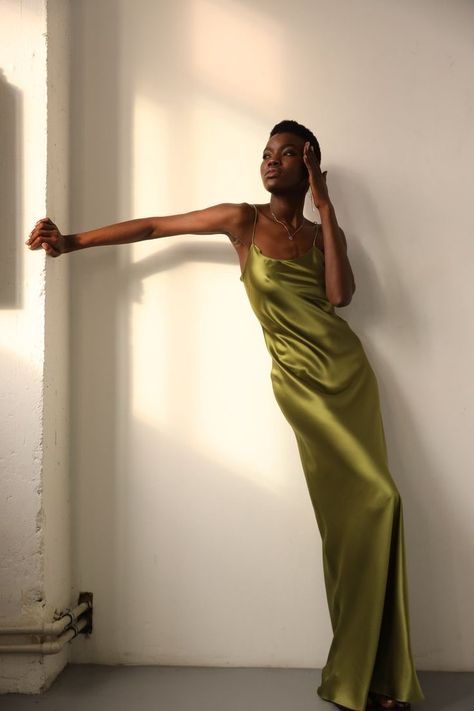 Fitted Olive Green Dress, Silk Olive Green Dress, Olive Slip Dress, Olive Green Clothing, Green Dress Black Woman, Green Night Dress, Olive Dress Outfit, Olive Silk Dress, Olive Satin Dress