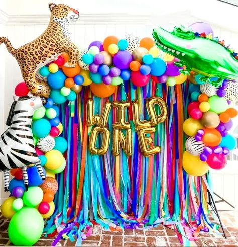 First Birthday Party Ideas for Baby Boys Streamers For Birthday Party, Party Animals Backdrop, Jungle Birthday Backdrop, Rainbow Animal Party, Rainbow Safari Birthday Party, Party Animal Birthday Backdrop, Party Animal Table Decor, Animals Theme Birthday Party, Party Animal Backdrop