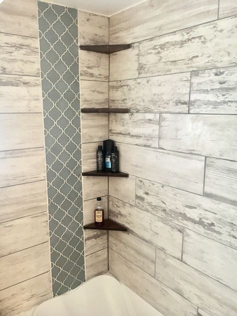 Corner shower shelves #rustic #cornershelves #shower #woodtile #moroccantile #backsplash #vintagewhite #woodtileshower #rusticbathroom #countrybathroom #showerbacksplash #showeraccent #southendwhitewoodlook #lowestile #spa #woodcornershowershelves Tile Shower Corner Shelf, Stand Up Shower Shelf Ideas, Washroom Corner Shelf, Small Corner Tile Shower Ideas, Bathroom Corner Shelves Ideas, Corner Shower Niche, Shelves In Shower, Shower Corner Shelves, Corner Shower Shelves