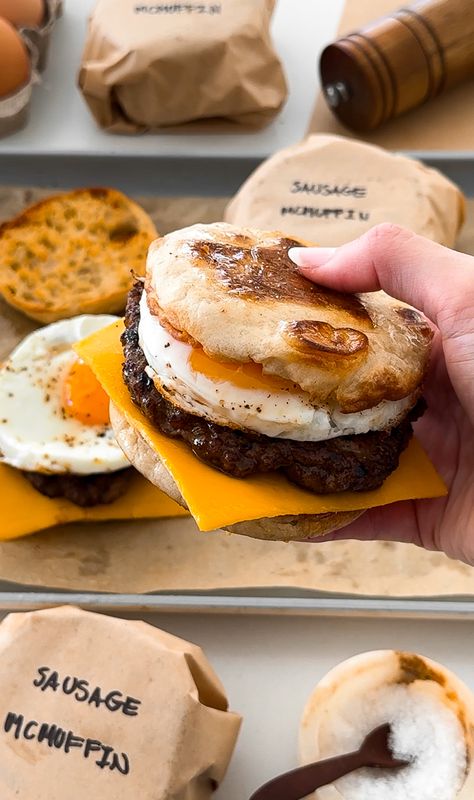 Freezer Breakfast Sandwiches | Moribyan Breakfast Sandwich Freezer, Sausage And Egg Mcmuffin, Freezer Breakfast Sandwiches, Beef Bacon, Freezer Breakfast, Breakfast Bites, Breakfast Sandwiches, How To Make Breakfast, Sausage Breakfast