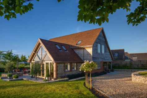 The Adams' - Welsh Oak Frame Welsh Oak Frame House, Glazed Gable, Chalet Bungalow, Oak Framed Extensions, Cottage Extension, Oak Frame House, Frame Kitchen, Garden Room Extensions, Clay Roof Tiles