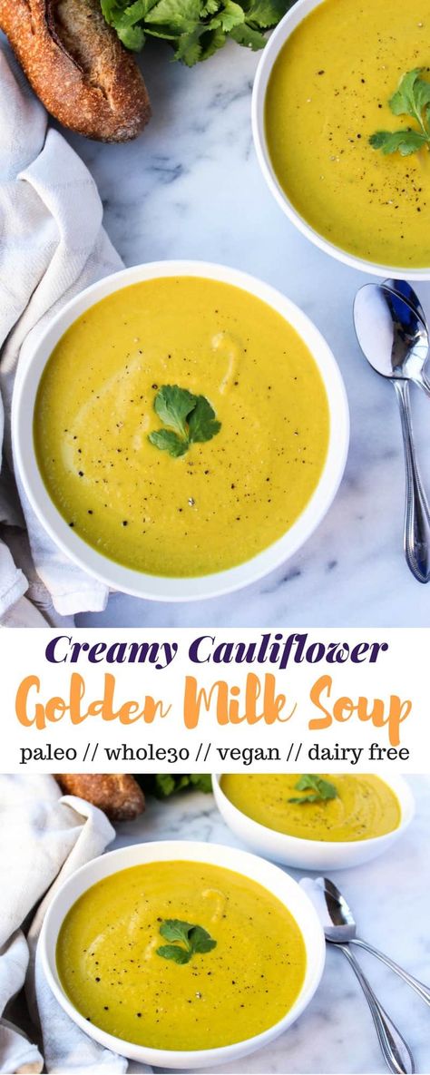 5 ingredients and 30 minutes to make this Creamy Cauliflower Golden Milk Soup, a light and satisfying nutritional meal that is vegan, paleo, and Whole30 approved! - Eat the Gains #cauliflower #soup #healthysoup #paleo #whole30 #paleosoup #whole30soup #cauliflowersoup #glutenfree #dairyfree #goldenmilk #vegan #healthyvegan #vegansoup Soup Cauliflower, Milk Ideas, Milk Soup, Easy Whole 30 Recipes, Paleo Soup, Creamy Cauliflower, Paleo Lunch, Golden Milk, Paleo Dinner