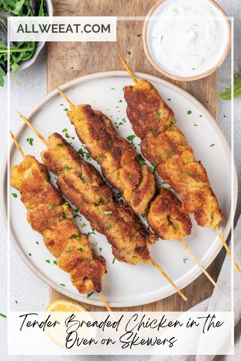 Make your dinner memorable with tender breaded chicken skewers baked to perfection in the oven. Juicy chicken pieces are coated in a golden crispy crust, threaded on skewers for easy serving, and seasoned with flavorful spices. A healthier twist on fried chicken, this dish is great for family meals or parties. #BreadedChicken #OvenRecipes #ChickenSkewers #HealthyDinner #EasyMeals #FamilyFavorites #CrispyChicken Breaded Chicken Skewers, Oven Breaded Chicken, Chicken Thigh Seasoning, Baked Breaded Chicken, Bread Crumb Chicken, Chicken In The Oven, Chicken Skewer Recipe, Parmesan Bread, Chicken On A Stick