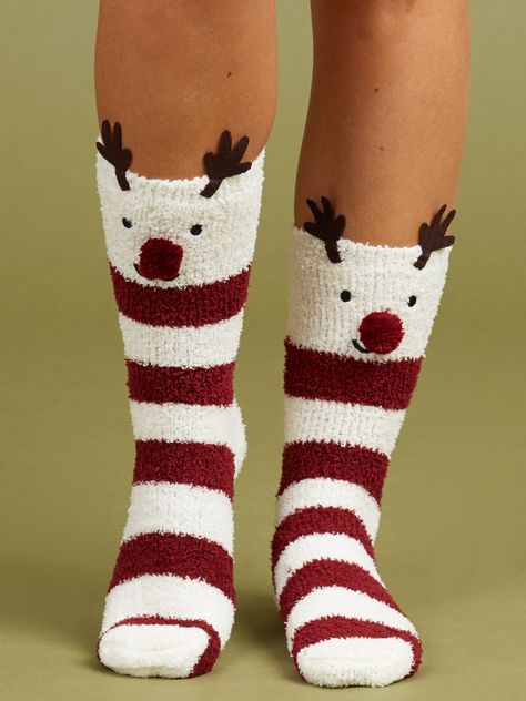 Rudolph Fuzzy Crew Socks - Socks & Tights - Accessories Christmas Fuzzy Socks Aesthetic, Fuzzy Christmas Socks, Cristmas Socks, Fluffy Christmas Socks, Socks Diy, Fun Winter Non-slip Socks, Fall Socks, Women Socks Fashion, Socks Packaging