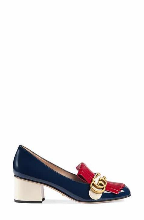 Gucci Marmont Pump (Women) Gucci Marmont Pump, Fashion Shoes Boots, Mid Heels Pumps, Gucci Marmont, Chunky Heel Pumps, Fashion Goals, Patent Leather Loafers, Retro Mode, Slip On Loafers