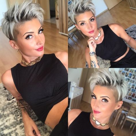 Spiky Gray Pixie With Undercut Blond Cenușiu, Gray Pixie, Short Spiky Haircuts, Short Shag Hairstyles, Shag Hairstyles, Bob Hairstyles For Fine Hair, Short Layered Haircuts, Best Short Haircuts, Short Hairstyle