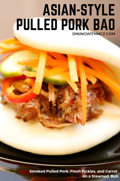 Asian-Style Pulled Pork Bao #pulledpork #smoked #bbq #barbecue #smokerrecipes #leftovers #smokedpork #bao #steamedbuns #sandwiches Pulled Pork Bao Buns, Pork Bao Buns Recipe, Bun Sandwiches, Pork Bao Buns, Bao Buns Recipe, Pork Bao, Pork Spring Rolls, Pork Belly Bao, Asian Bbq