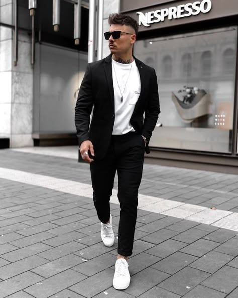 Black And White Formal Outfit Men Classy, All Black Suit With Sneakers Men, Black Suit With White Sneakers Men, Suit With Sneakers Mens Wedding, Black Suit And Sneakers Men Outfits, Black Suit White Sneakers, Black Suit With Sneakers Men, Black And White Formal Outfit Men, Black And White Men Outfit