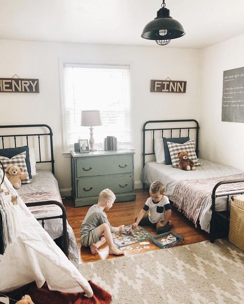 Baby And Toddler Shared Room, Twin Beds For Boys, Shared Boys Rooms, Toddler Boy Room Decor, Kids Shared Bedroom, Boy Toddler Bedroom, Boho Dining Room, Foster Parent, Boys Bedroom Makeover