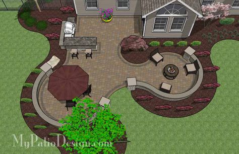 670 sq. ft. of Outdoor Living Space. Curvy Design Creates Beautiful Areas for Outdoor Dining, Grilling and Fire Pit with Seating. 24” Tall Sea Large Paver Patio, Patio Plan, Large Backyard Landscaping, Patio Plans, Patio Layout, Patio Pavers Design, Concrete Patios, Grill Station, Cheap Backyard