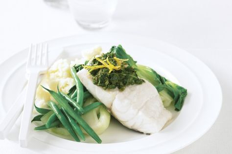 Steamed barramundi with salsa verde & mash Steamed Barramundi, Barramundi Fish, Mash Recipe, Fresh Salsa, Quick Healthy Meals, Boiled Potatoes, Cooking Recipe, Salsa Verde, Just Cooking