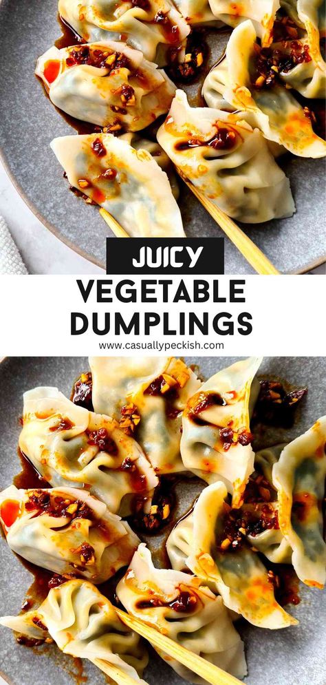 dumplings drizzled in chili sauce with captions Vegetable Dumplings Recipe, Vegan Potstickers, Healthy Eating Games, Carrots Healthy, Vegan Dumplings, Vegetable Dumplings, Pork And Cabbage, Dumpling Filling, Frozen Dumplings