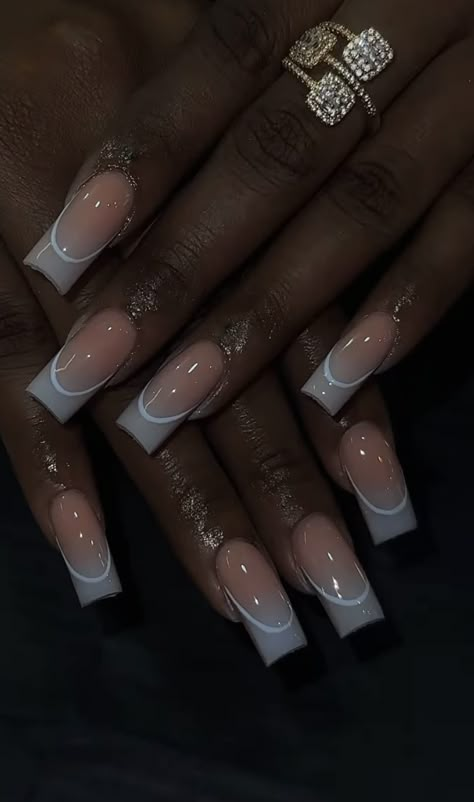 Grey Nails Inspo Aesthetic, Grey Nail Tips, Medium Length Nails Acrylic Designs, Basic Baddie Nails Square, Long Square French Tip Acrylic Nails, Short Grey Nails Ideas, Simple Christmas Nails Acrylic Square, Short Grey Acrylic Nails, Acrylic Nails Winter Colors