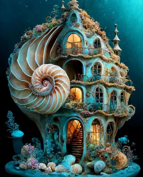 Seashell House, Fairytale Houses, Fairy House Crafts, Shell House, Water Fairy, Fantasy Homes, Fantasy Forest, Henri Rousseau, Fantasy House