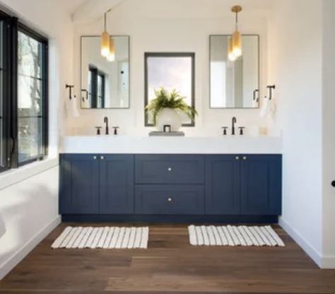 Concept 2: Wood like herringbone tile, navy vanities, white tile for the shower/walls. Brown Wood Flooring, Bathrooms Vanity, Wood Floor Bathroom, Blue Bathroom Vanity, Blue Vanity, Vanity Ideas, Dark Wood Floors, Brown Bathroom, Blue Cabinets