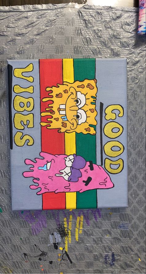 High Spongebob Character Painting, Spongebob Painting High, Paintings Ideas Trippy, Trippy Spongebob, Paintings For Stoners, Spongebob And Patrick Painting, High Spongebob Painting Canvases, Trippy Toons, Trippy Painting Ideas On Canvas