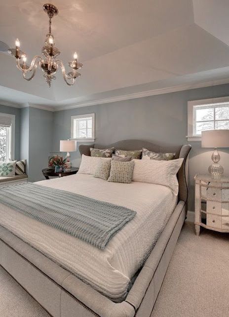 Blue gray bedroom walll color with white trip and chandelier above bed. Gold Images, Blue Gray Bedroom, Paint Blue, Colorful Bedroom, Blue Girl, Grey Wall, Small Bedrooms, Bedroom Color Schemes, Bedroom Paint Colors