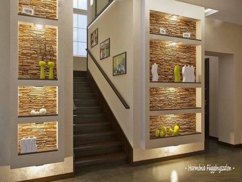 https://decoratedlife.com/shelves-25-cool-ideas-wall-shelving/ Modern Wall Niche, Wall Niche, Modern Home Interior Design, Regal Design, Home Stairs Design, Modern Houses Interior, Interior Wall Design, Studio Apartment Decorating, House Stairs