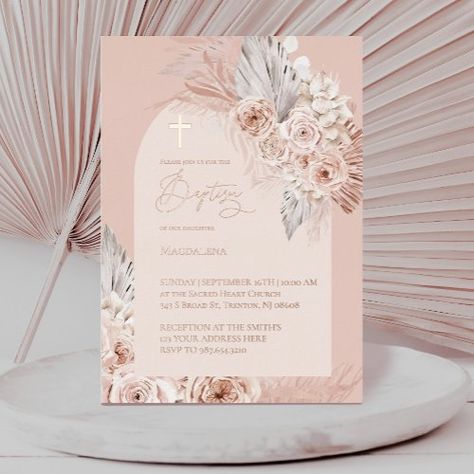 $3.75 | rose gold text Baptism boho flowers | Wedding Invitations | catholic, rose gold, boho flowers pampas grass, baptism Rose Gold Boho, Christening Invitations Girl, Gorgeous Images, Teddy Bear Baby Shower Invitations, First Communion Decorations, Communion Decorations, Boho Invitations, First Communion Invitations