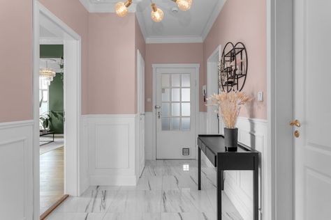 Pink And White Hallway, Pink And Grey Hallway, Light Pink Hallway, Pale Pink Hallway, Blush Pink Hallway, Pink Hallway Ideas, Hall Colour Ideas, Hallway Decorating Colours, Hallway Colour Schemes