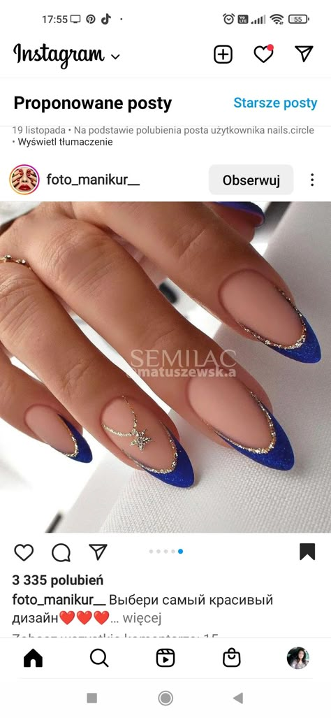 Blue Gold French Nails, Navy Blue And Gold Nail Ideas, Silver And Blue Nail Designs, Blue And Golden Nails, Gold And Royal Blue Nails, Blue And Gold Christmas Nails, Royal Blue And Gold Nails, Gold Holiday Nails, French Bleu