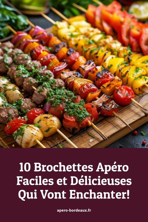 Brochettes apéritives colorées composées de légumes grillés et de boulettes de viande présentées sur une planche en bois, parfaites pour étonner vos invités. Shrimp En Brochette, Other Recipes