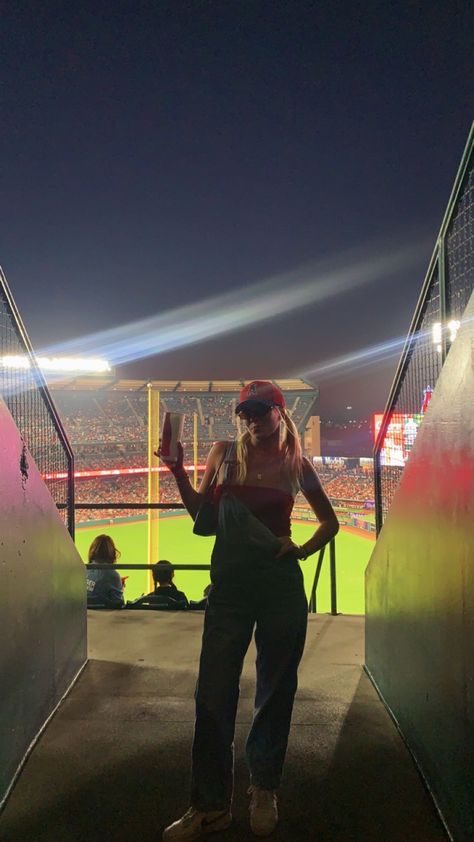 Angels Outfit Baseball, Angels Baseball Outfit Women, Baseball Game Aesthetic, Baseball Fits, Red Overalls, Baseball Cap Outfit, Pretty Mess, Angels Baseball, Cap Outfit