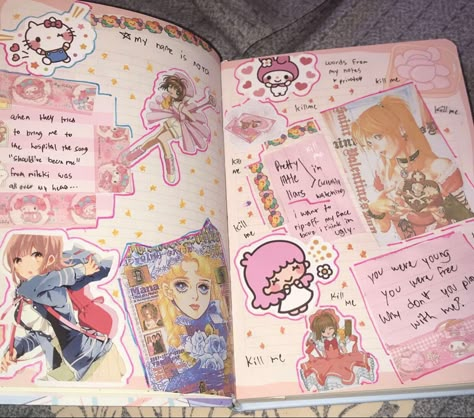 Kawaii Journaling Ideas, Gyaru Notebook, Decorating Binders For School, Scrapbook Ideas Kawaii, Gyaru Sketch, Kawaii Scrapbook Ideas, Gyaru Journal, Journal Covers Aesthetic, Kawaii Journal Ideas