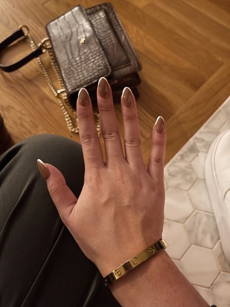 Coffee colored nails with white french tip #nails #almond #almondnails #french #frenchnails Coffee Colour Nails, Coffee Colored Nails, White French Tip Nails Almond, Nails With White French Tip, Nails With White French, Tip Nails Almond, French Tip Nails Almond, Nails With French Tip, White French Tip Nails