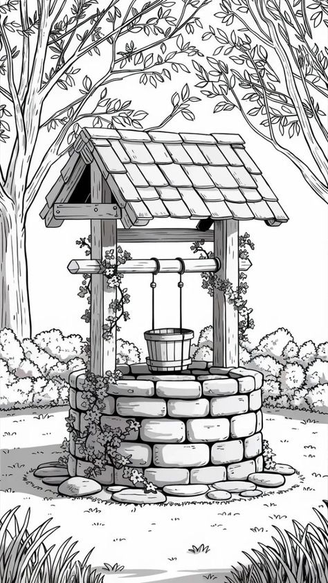 Nature Coloring Pages, Garden Coloring Pages, Adult Coloring Books Printables, Detailed Coloring Pages, Wood Burning Patterns, Wood Burning Art, Grayscale Coloring, Landscape Drawings, Art Drawings Sketches Creative