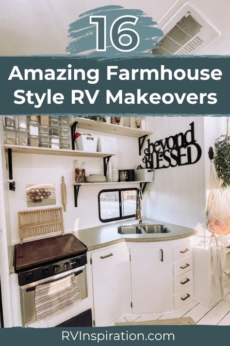 Let these gorgeous farmhouse-style RVs inspire you to channel your inner Joanna Gaines! In this article, you'll see photos of 16 cute RVs decorated with rustic, Farmhouse-style decor, including fresh paint or wallpaper, cute curtains, and cozy personal touches. Along the way, we'll point out the details and products these RV owners used to achieve their look to show you how easy it would be to recreate the same look in your own RV! #farmhousedecor #RVrenovation #RVremodel #RVmakeover Rv Living Room, Renovated Farmhouse, Travel Trailer Decor, Dining Booth, Camper Interior Design, Gorgeous Farmhouse, Built In Dresser, Camper Trailer Remodel, Trailer Decor