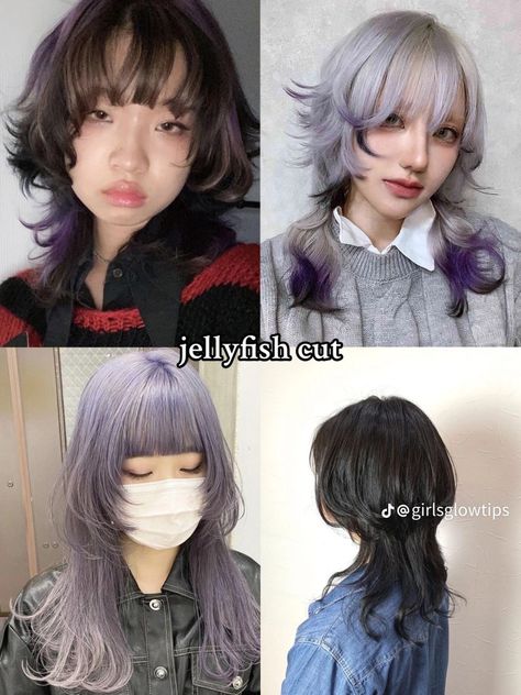 Jelly Fish Cut Long, Jellyfish Haircut Round Face, Jelly Fish Haircut Medium, Jellyfish Haircut Medium Length, Jellyfish Cut Curly Hair, Long Jellyfish Haircut, Jelly Fish Hair Cuts, Jellyfish Haircut Short, Vocaloid Oc