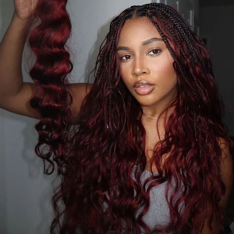 25+ Stunning Hairstyles to Try with Boho Knotless Braids – Ywigs Wedding Halo Braid, Different Size Braids, 1b/burgundy Braids, Autumn Box Braids, Cherry Red Knotless Braids, 99j Braids Black Women, Under Wig Braids, 99j Hair Color Black Women Braids, Deep Red Braids