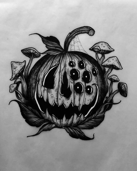 Pumpkin Tattoo, Mushroom Tattoos, Scary Tattoos, Theme Tattoo, Creepy Tattoos, Spooky Tattoos, Halloween Tattoo, Dark Art Tattoo, Halloween Artwork