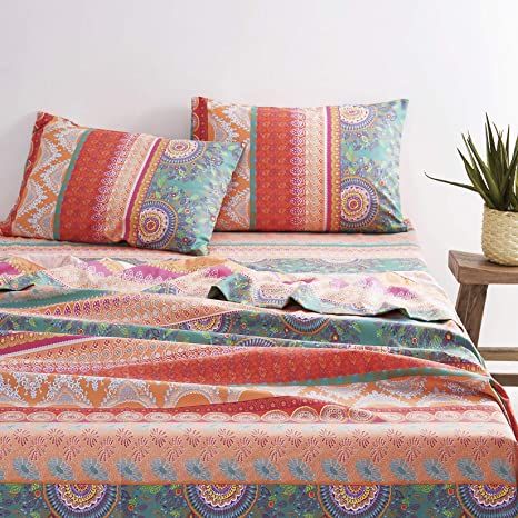 Wake In Cloud - Bohemian Sheet Set, Orange Coral Boho Chic Mandala Medallion Pattern Printed, Soft Microfiber Bedding (4pcs, Queen Size) Boho Bed Sheets, Twin Size Bed Sheets, Retro Bed, Microfiber Bed Sheets, Hippie Aesthetic, Luxury Bed Sheets, Medallion Pattern, Boho Bedding, Orange Coral