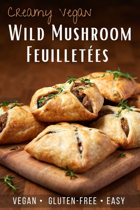 Pinterest graphic showing vegan wild mushroom feuilletees piled on a board. Wild Mushroom Pie, Vegetable Puff Pastry Recipes, Vegan Puff Pastry Appetizers, Gluten Free Vegan Puff Pastry, Vegan Puff Pastry Recipes Savory, Mushroom Puff Pastry Recipes, Mushroom Tart Puff Pastry, Vegetarian Puff Pastry Recipes, Vegan Hors D’oeuvres