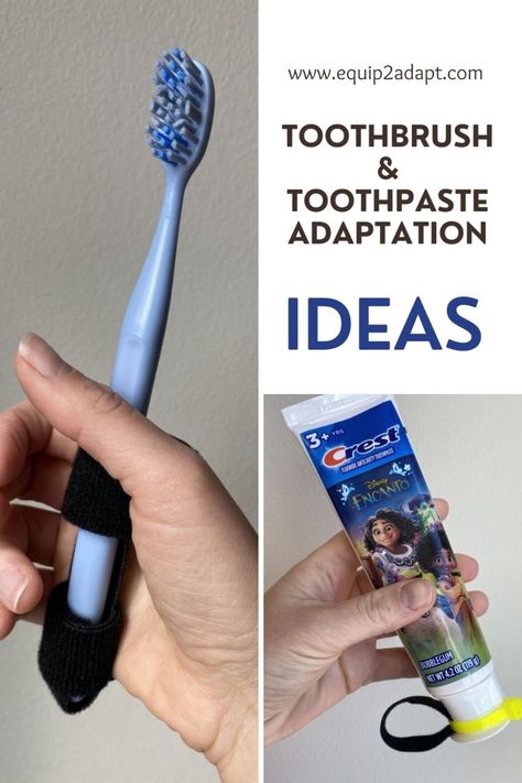 Learn how to make simple DIY adaptations to toothbrushes, toothpaste, and other oral care tools on our post! You'll need a little creativity and some basic materials like zip-ties and double sided hook and loop tape. Click the post link to learn how! Toothbrush And Toothpaste, Occupational Therapy Activities, Physical Disabilities, Oral Care Routine, Toothbrush Toothpaste, Hygiene Routine, Hook And Loop Tape, Oral Health Care, Dental Floss