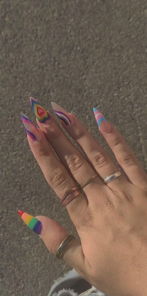 Pride Nails Inspiration, Square Pride Nails, Abstract Pride Nails, Nail Pride Designs, Pride Gel Nail Designs, Pride Heart Nails, Nail Inspo Pride, Non Binary Nails Designs, Pride Nails Ideas